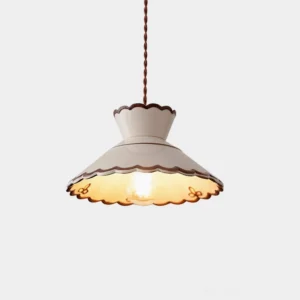 Festonia hand-painted ceramic pendant light with scalloped brown-trimmed edge and floral motifs, front view on white studio background