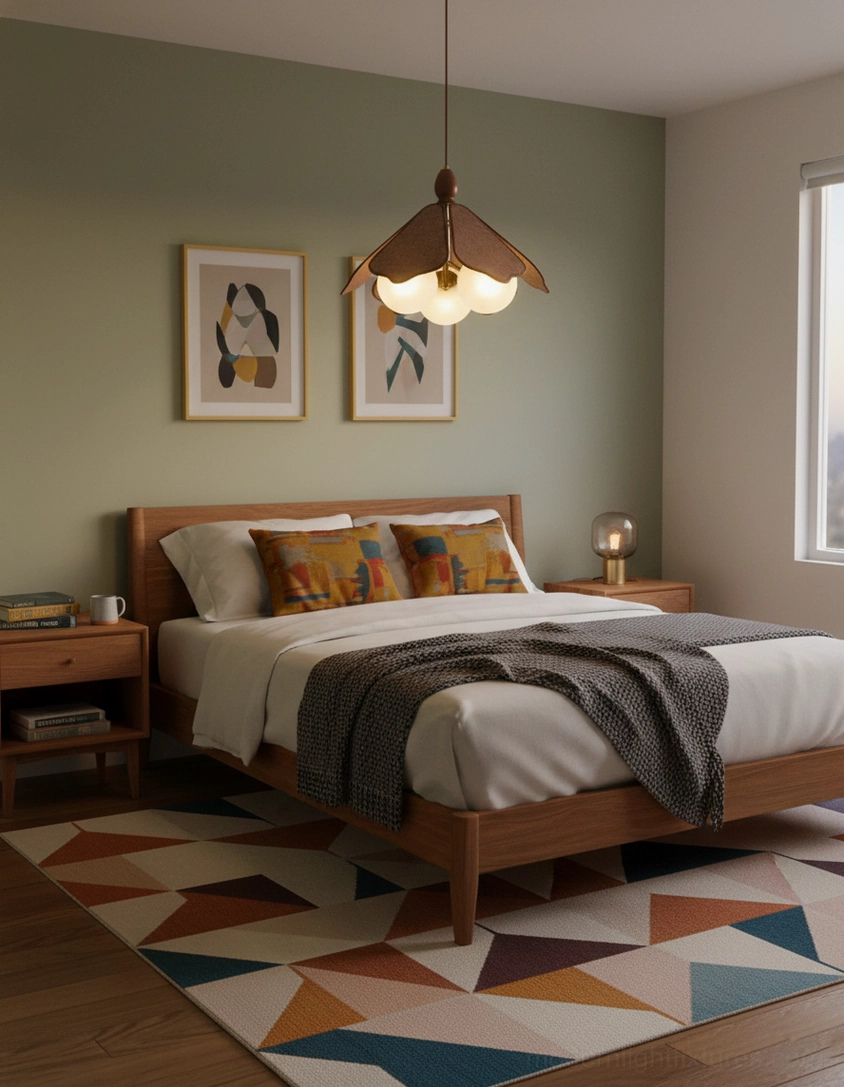 Feyora contemporary pendant lamp in master bedroom with wooden bed geometric rug and wall art
