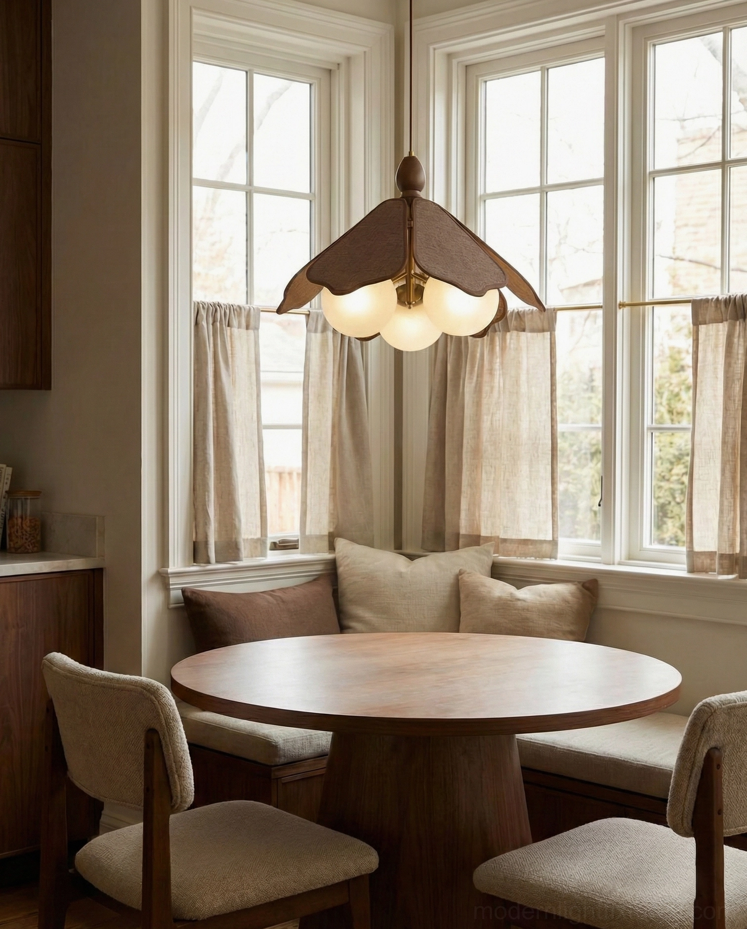 Feyora wooden petal pendant light above round dining table with cushioned seating bay window nook