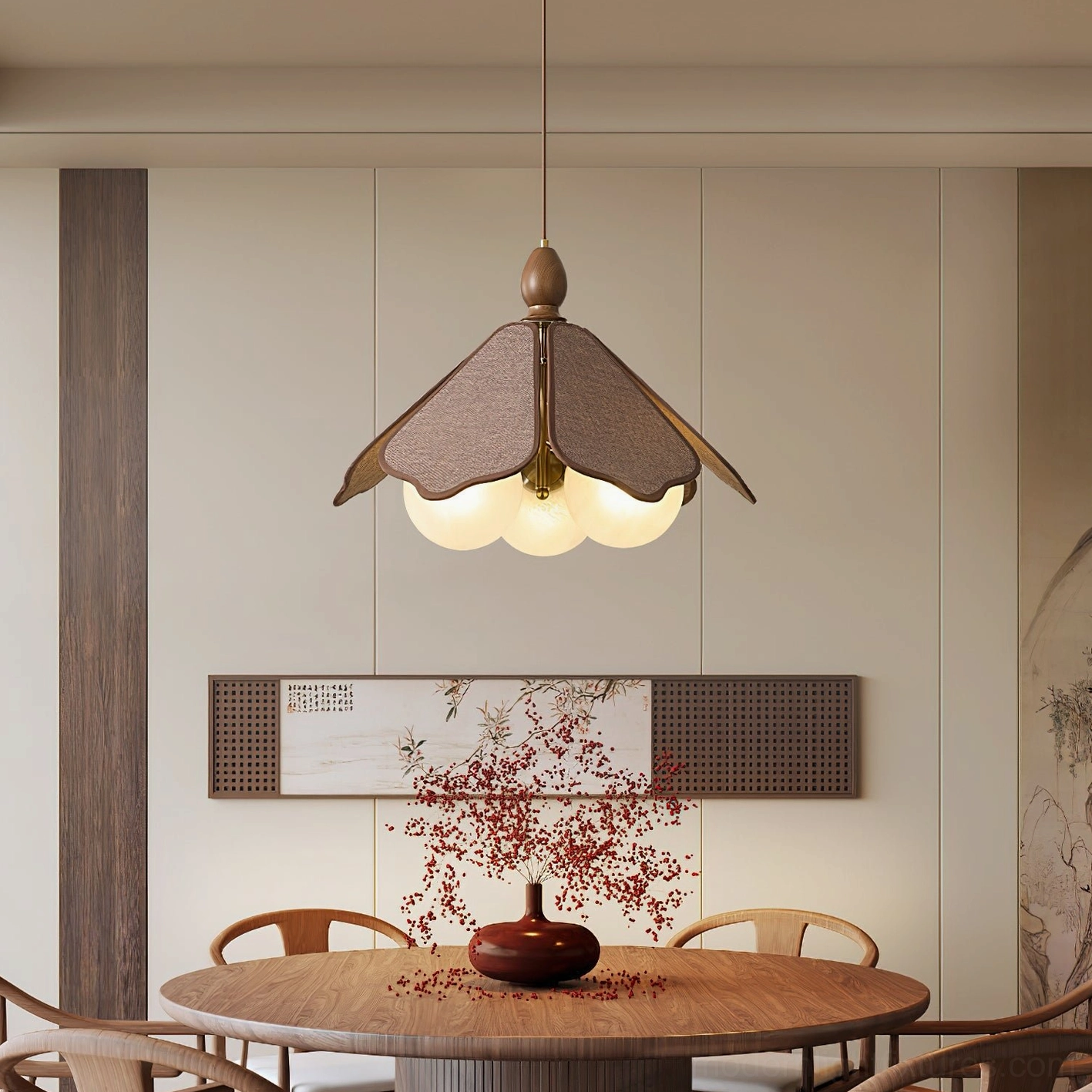 Feyora wooden petal pendant lamp hanging in warm minimalist dining room with Japanese zen aesthetic