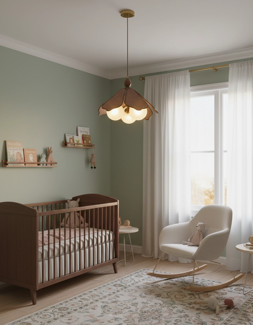 Feyora petal pendant light in neutral nursery room with wooden crib and rocking lounge chair