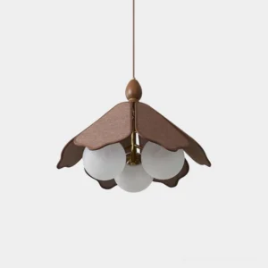 Feyora organic petal pendant light with brown wooden panels and frosted white glass bulbs, studio front view