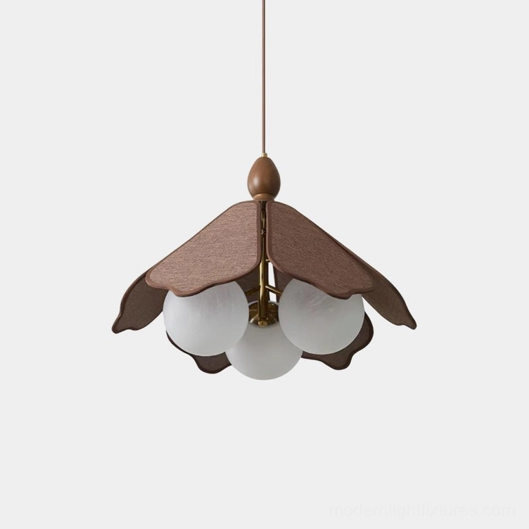 Feyora organic petal pendant light with brown wooden panels and frosted white glass bulbs, studio front view