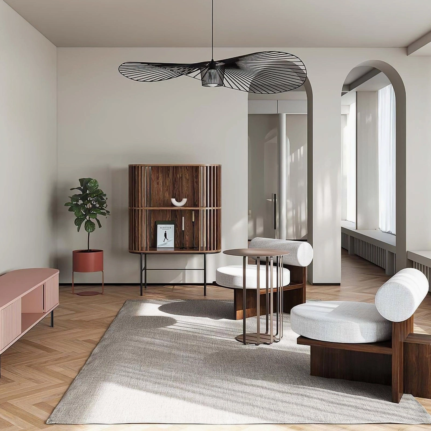 Woven fiber glass pendant lamp with dimmer switch showing low ambient lighting at 30-40% intensity