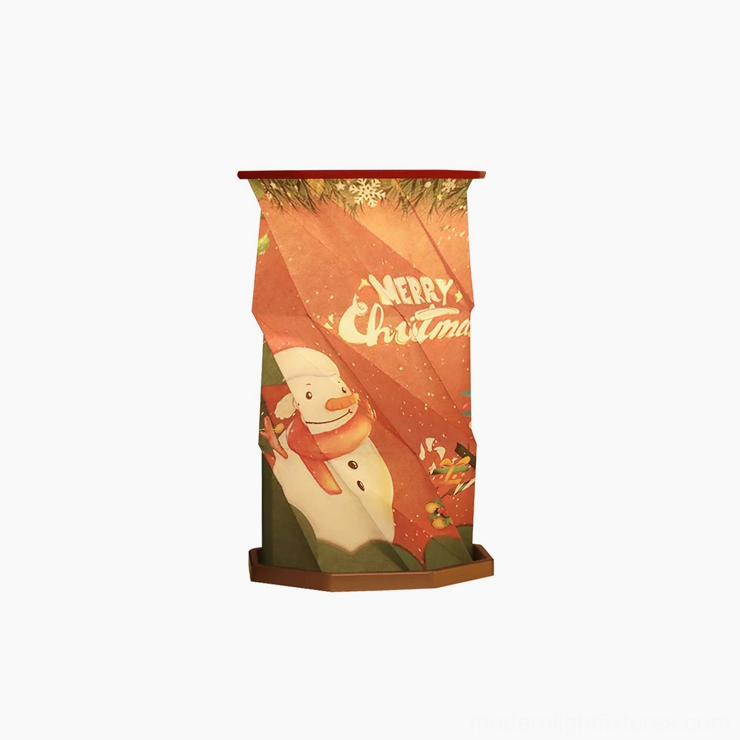 Fida Fold Paper Red Table Lamp with Christmas snowman print cylindrical origami shape shown in flat display view against white background