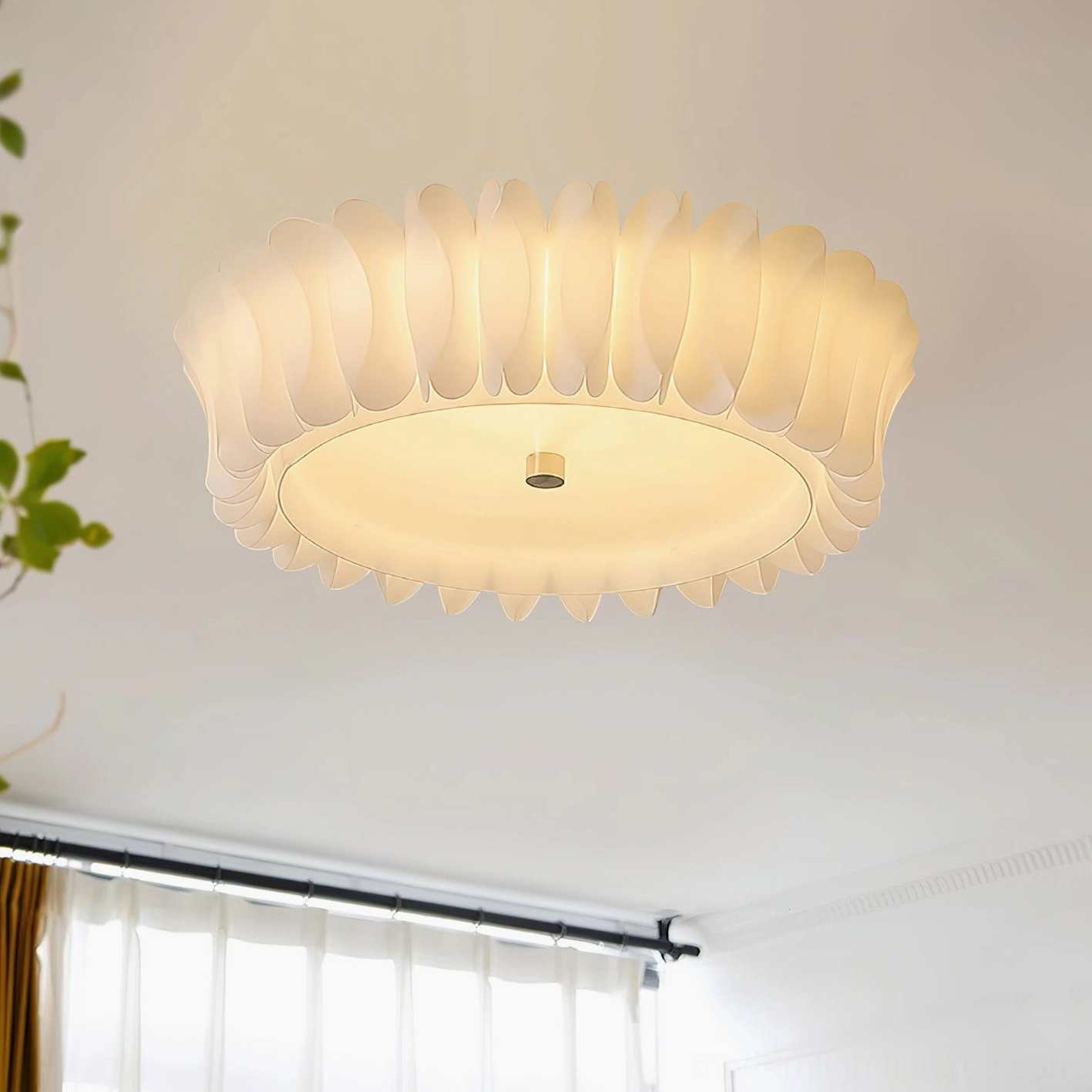 Modern ruffled ceiling lamp installed in minimalist living room, low-angle perspective showing fabric-like textured frame