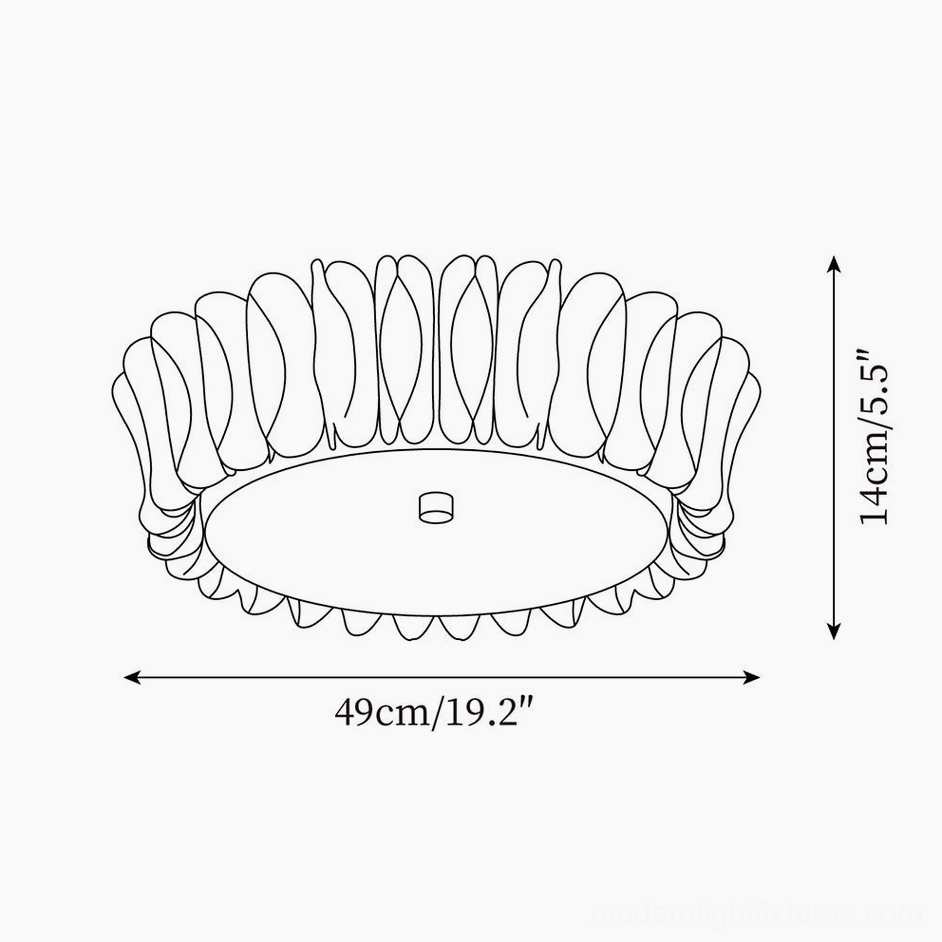 Technical schematic and dimension diagram of Figura ruffled ceiling light, 49cm diameter x 14cm height specifications