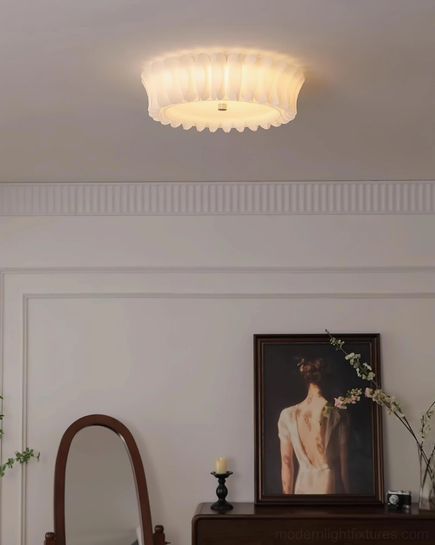 Modern ceiling light with fabric-like ruffled frame design in contemporary interior setting