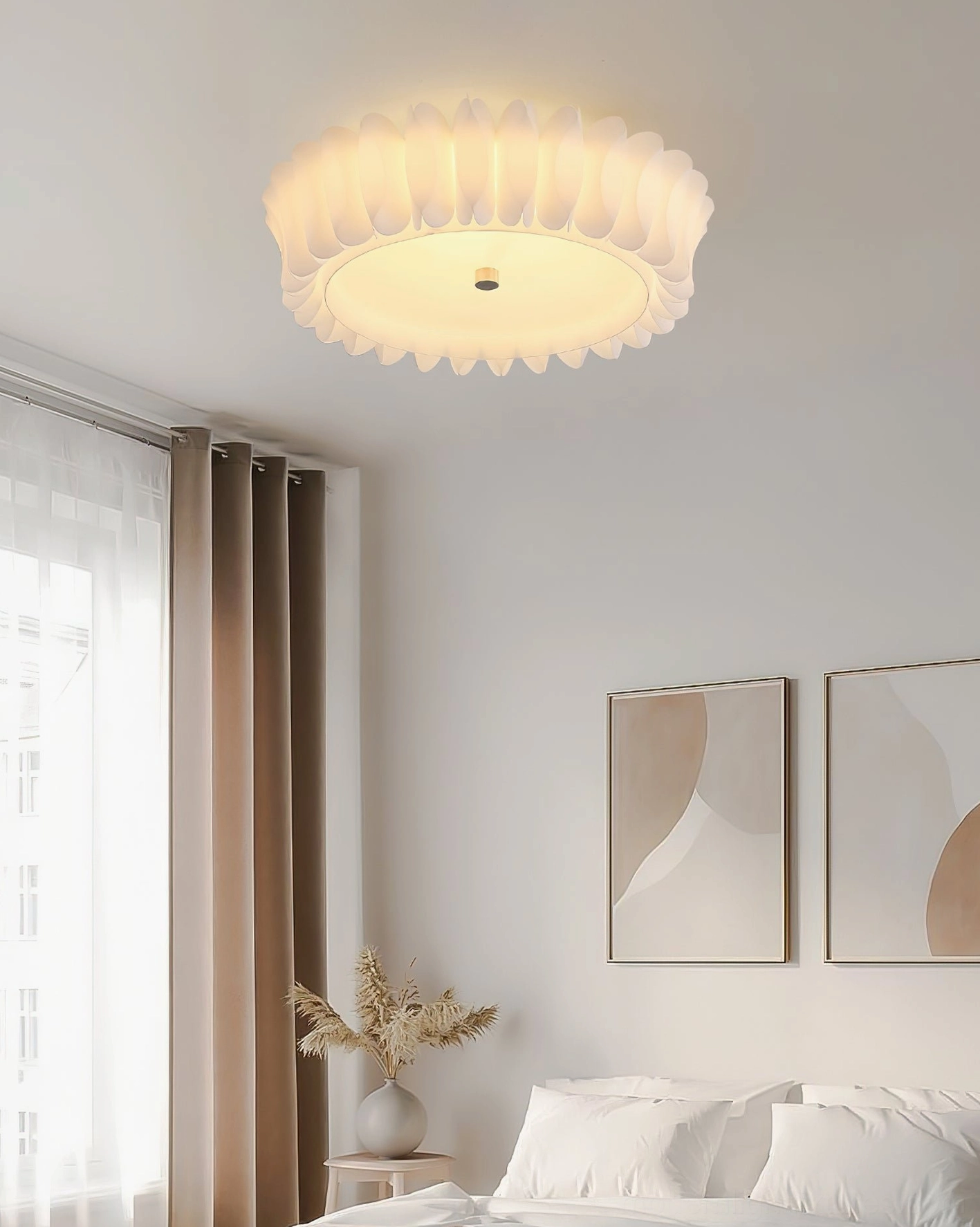 Contemporary bedroom ceiling light with off-white floral ruffled design in neutral modern interior