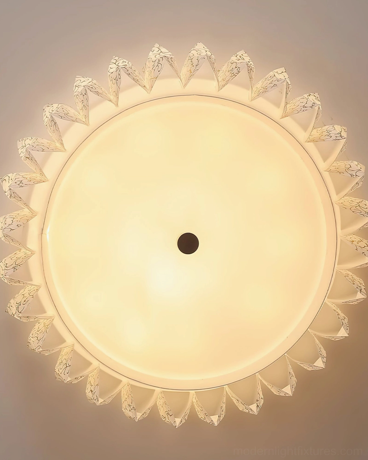 Figura ruffled flush mount ceiling light showing light diffusion through sculpted petal pattern