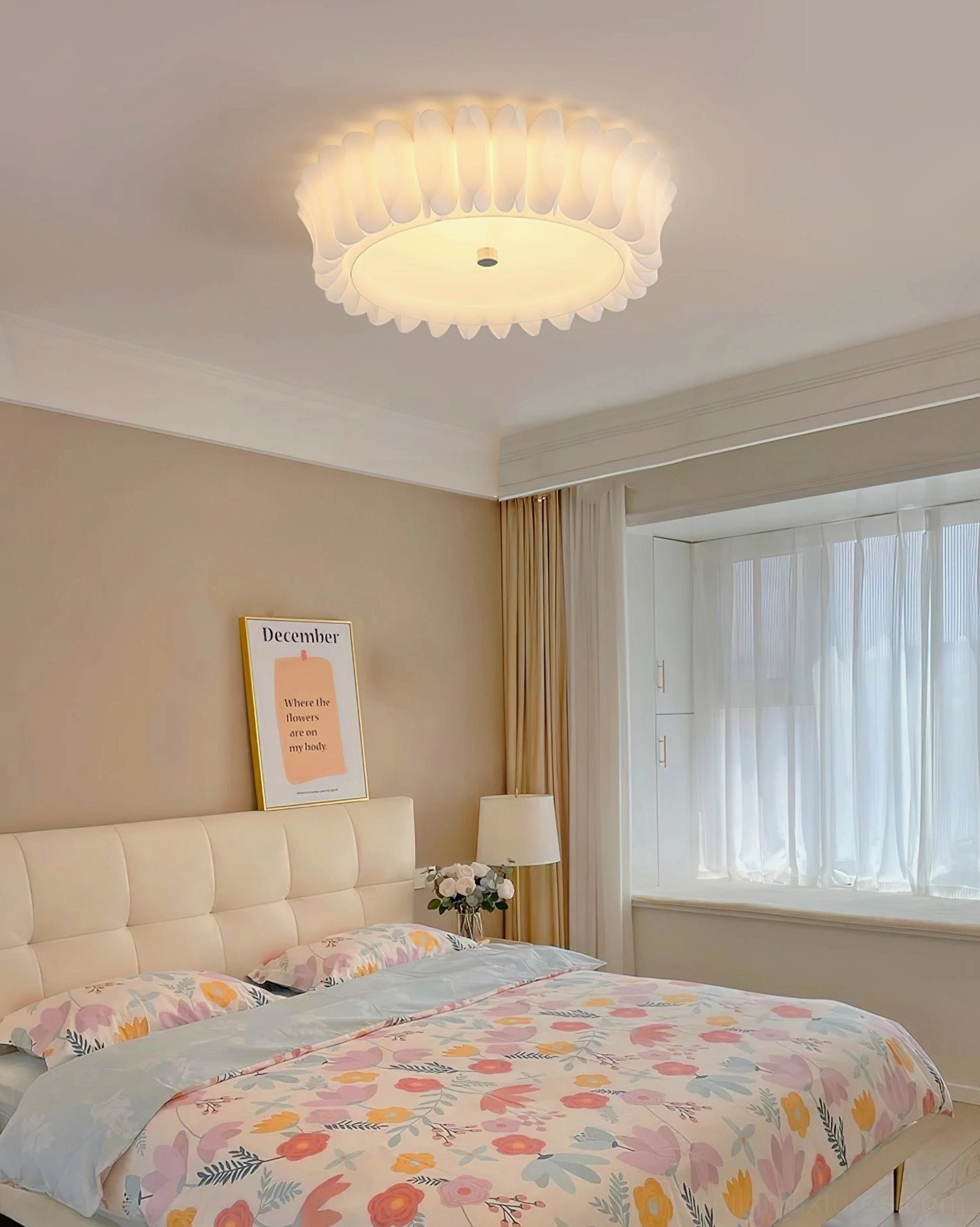 Contemporary flush mount petal-design ceiling light creating diffused ambient illumination