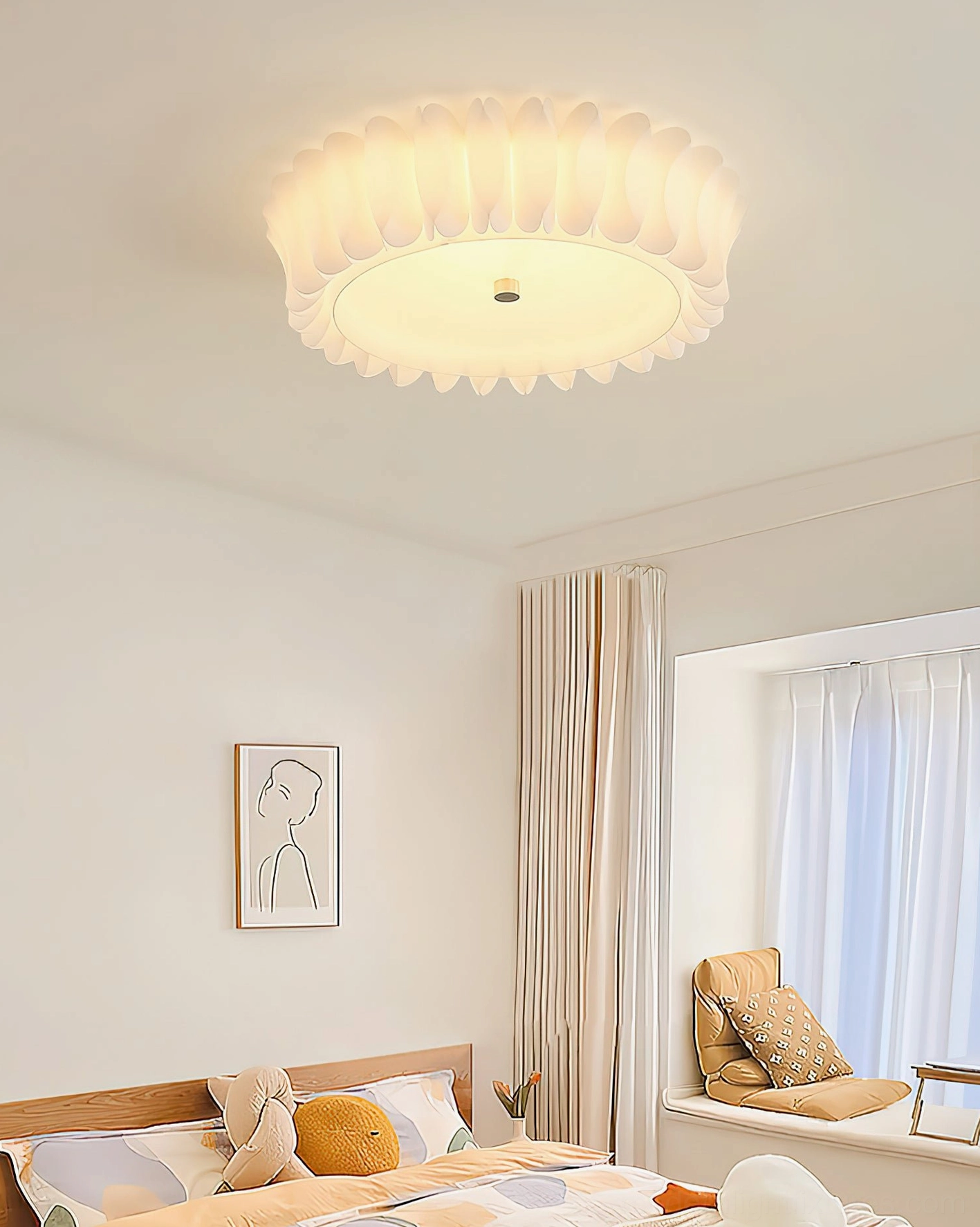 Cozy boho bedroom with Figura flush ceiling light providing warm ambient lighting, neutral minimalist decor