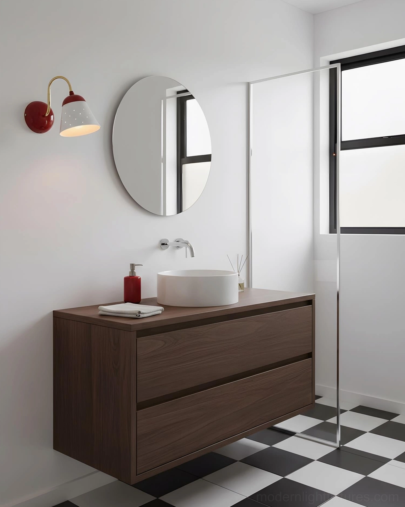 Filo damp-rated wall sconce installed above modern bathroom vanity cabinet for grooming light