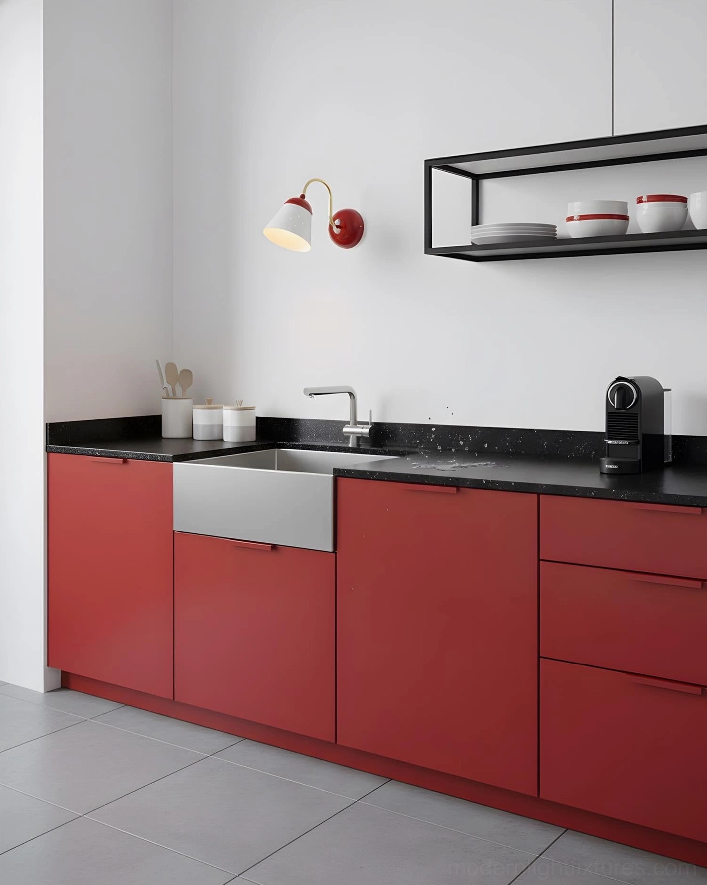Filo mid-century wall lamp in modern kitchen interior above counter with warm retro accent lighting