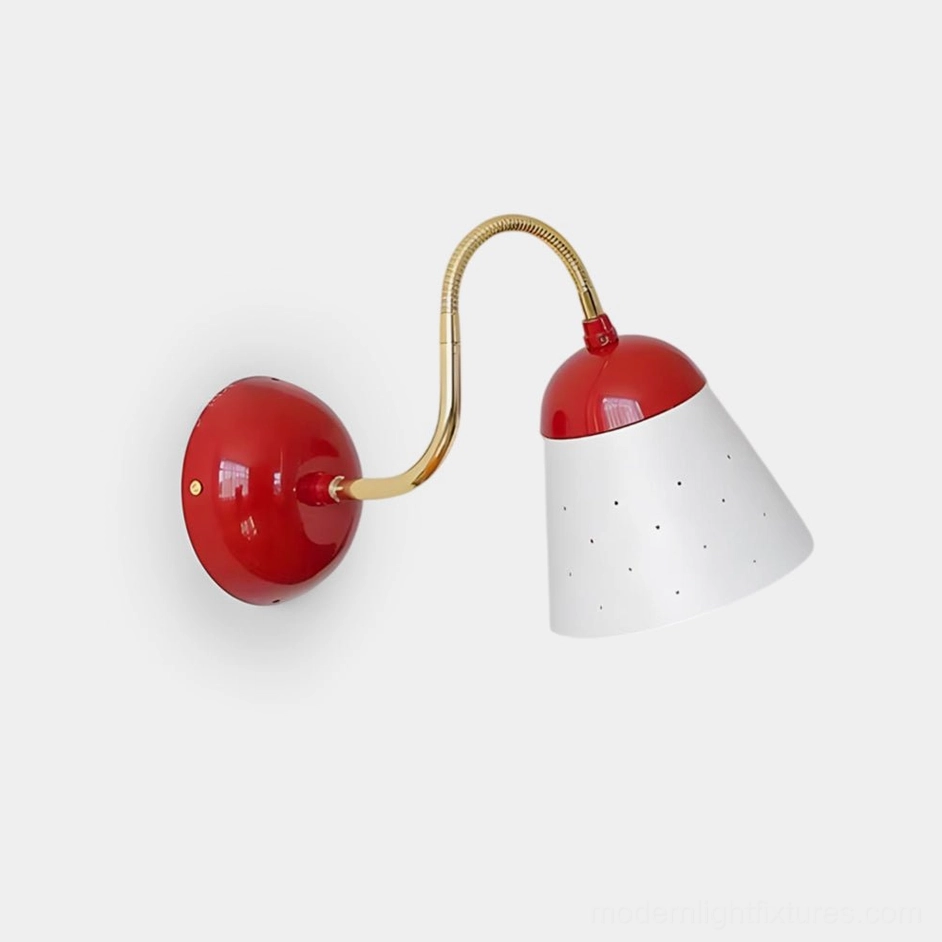 Filo mid-century modern wall sconce with red, white and gold perforated metal shade, side close-up view showing gooseneck arm and glossy backplate