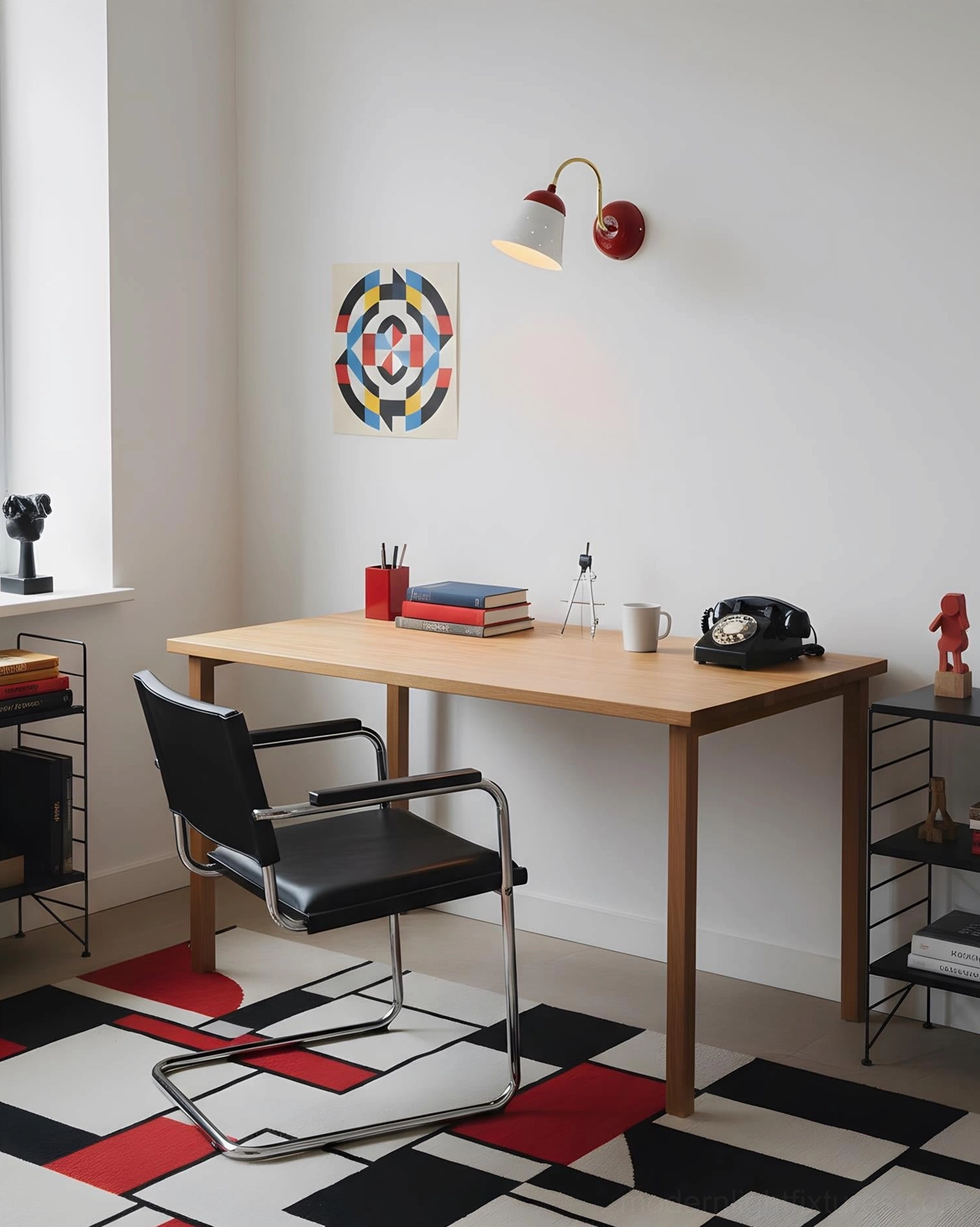 Filo mid-century modern wall lamp mounted in contemporary home office setting, retro style interior decor
