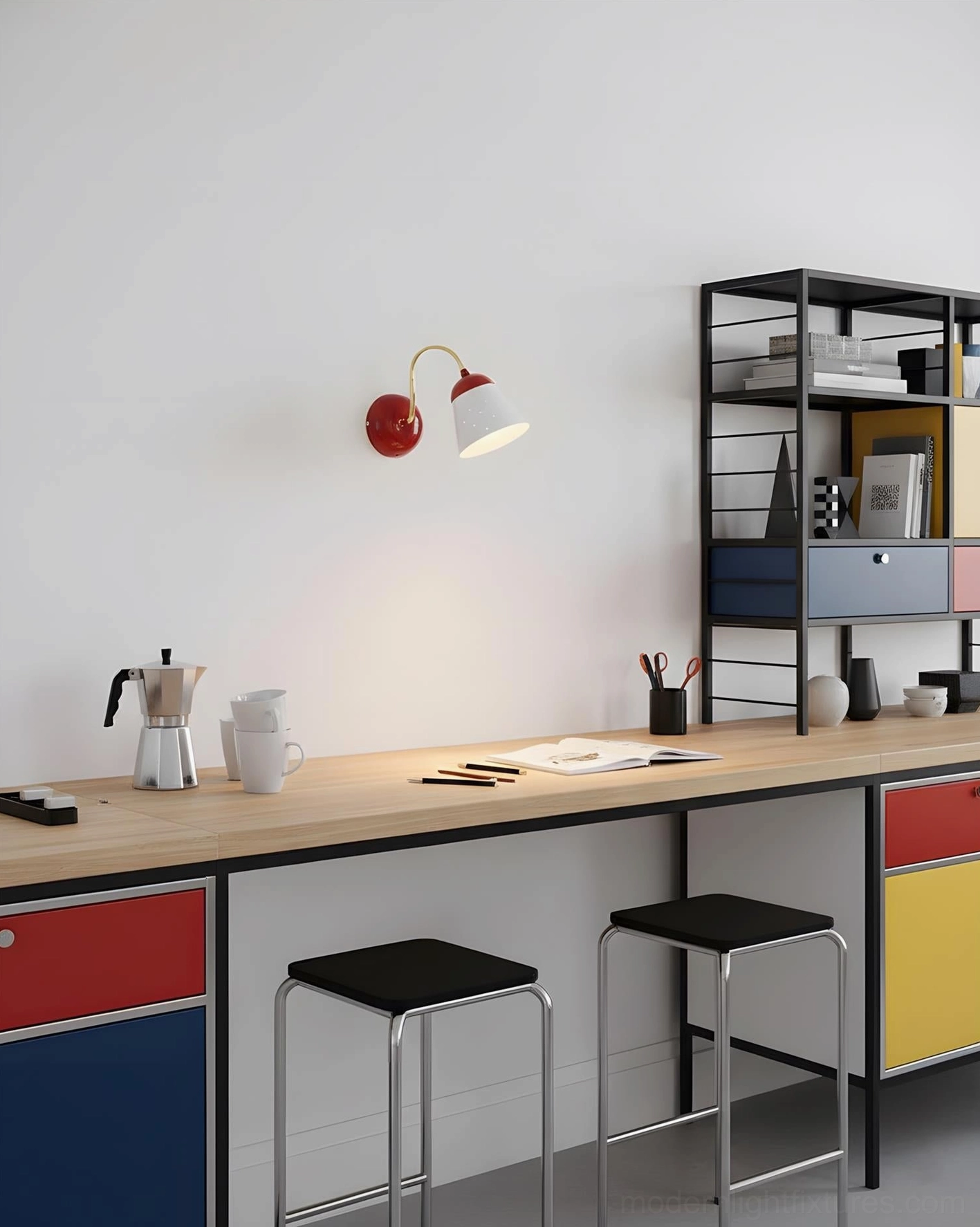 Filo wall sconce above wooden desk in minimalist home office workspace, mid-century modern lighting fixture