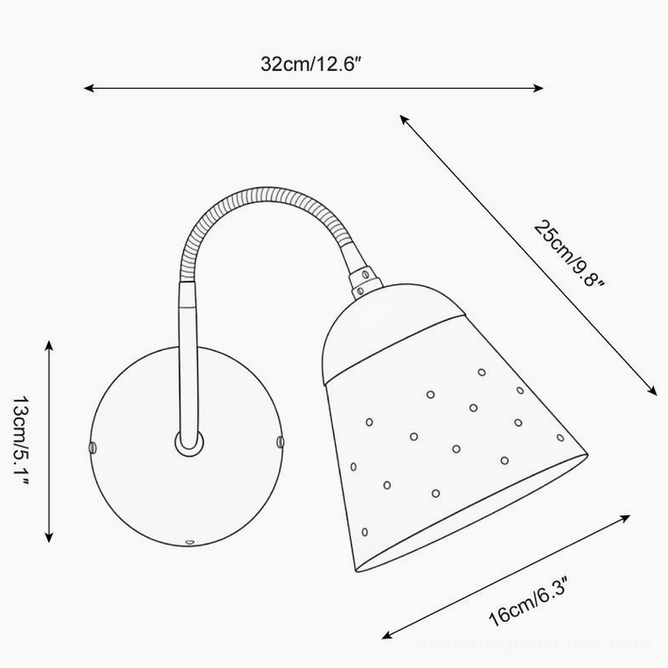 Filo wall sconce technical dimension schematic drawing showing W 16cm x H 25cm measurements and product structure