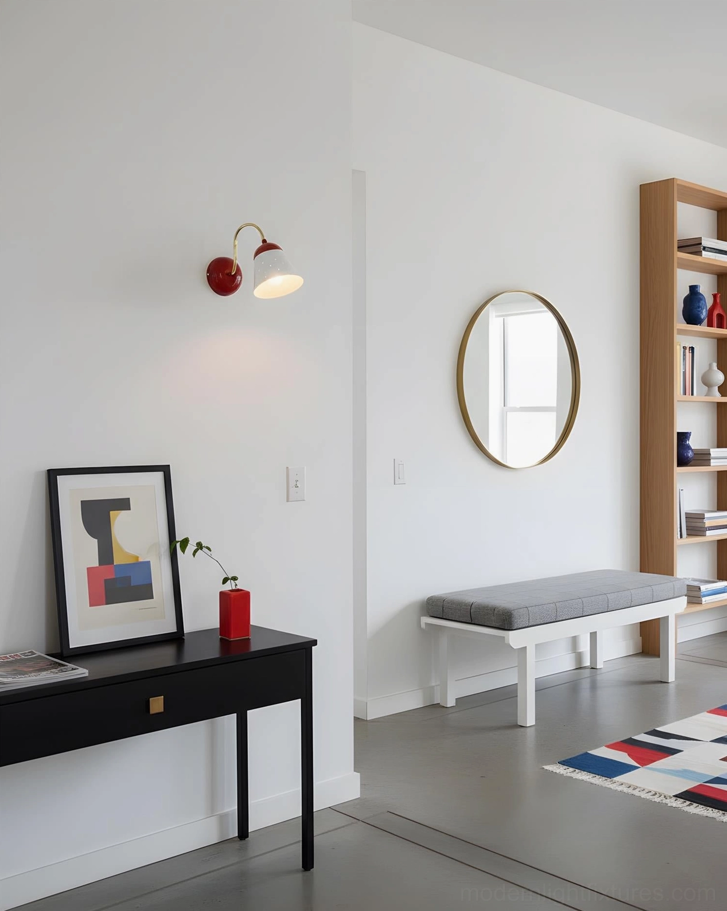 Filo gooseneck wall lamp in entryway hallway with minimalist home decor and warm ambient lighting