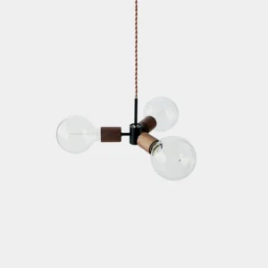 Filotto 3-head industrial glass wood pendant light with clear globe bulbs, front view studio shot on white background