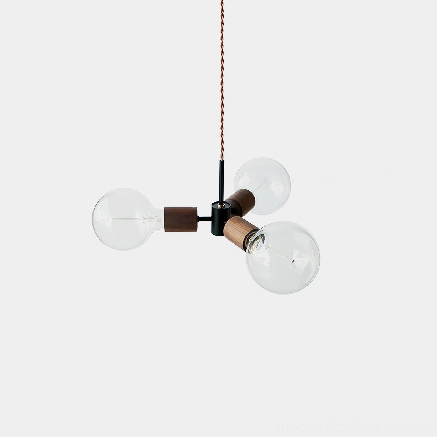 Filotto 3-head industrial glass wood pendant light with clear globe bulbs, front view studio shot on white background