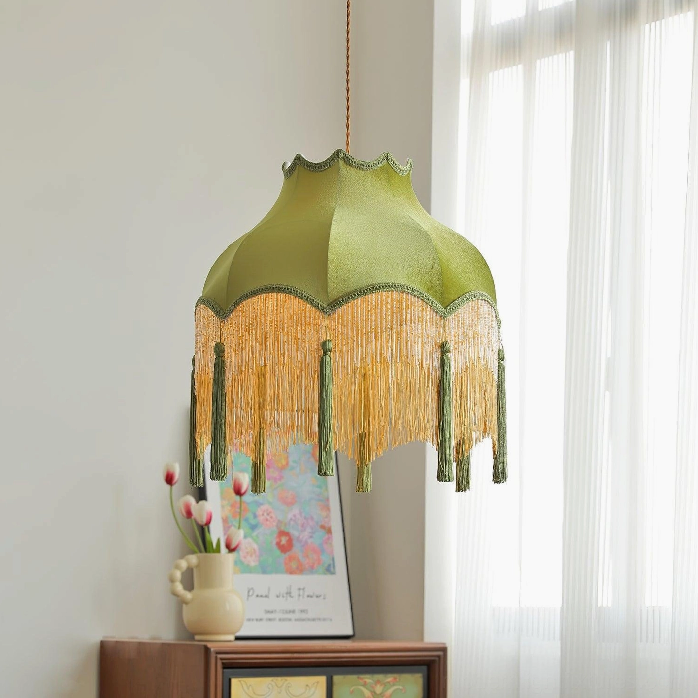 Fina 47cm green tassel pendant light large size variant full view