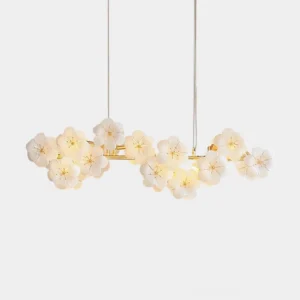 Fina Flowers linear chandelier with gold metal frame and milky white glass flower blooms, front view from below