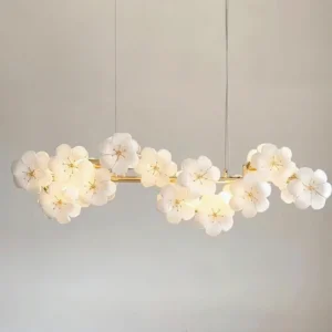 Modern cherry blossom pendant chandelier with illuminated warm white flower shades and gold suspension rods
