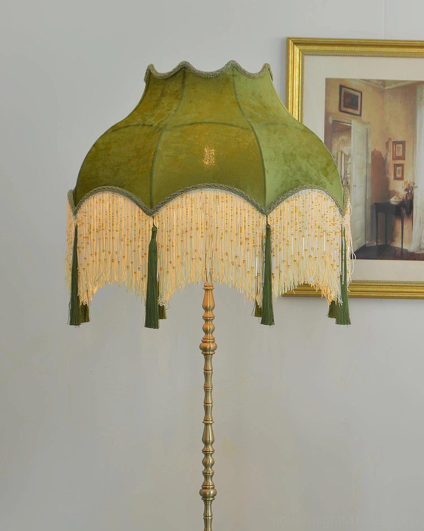 Fina Tassel Floor Lamp art deco inspired brass lighting fixture with fabric shade