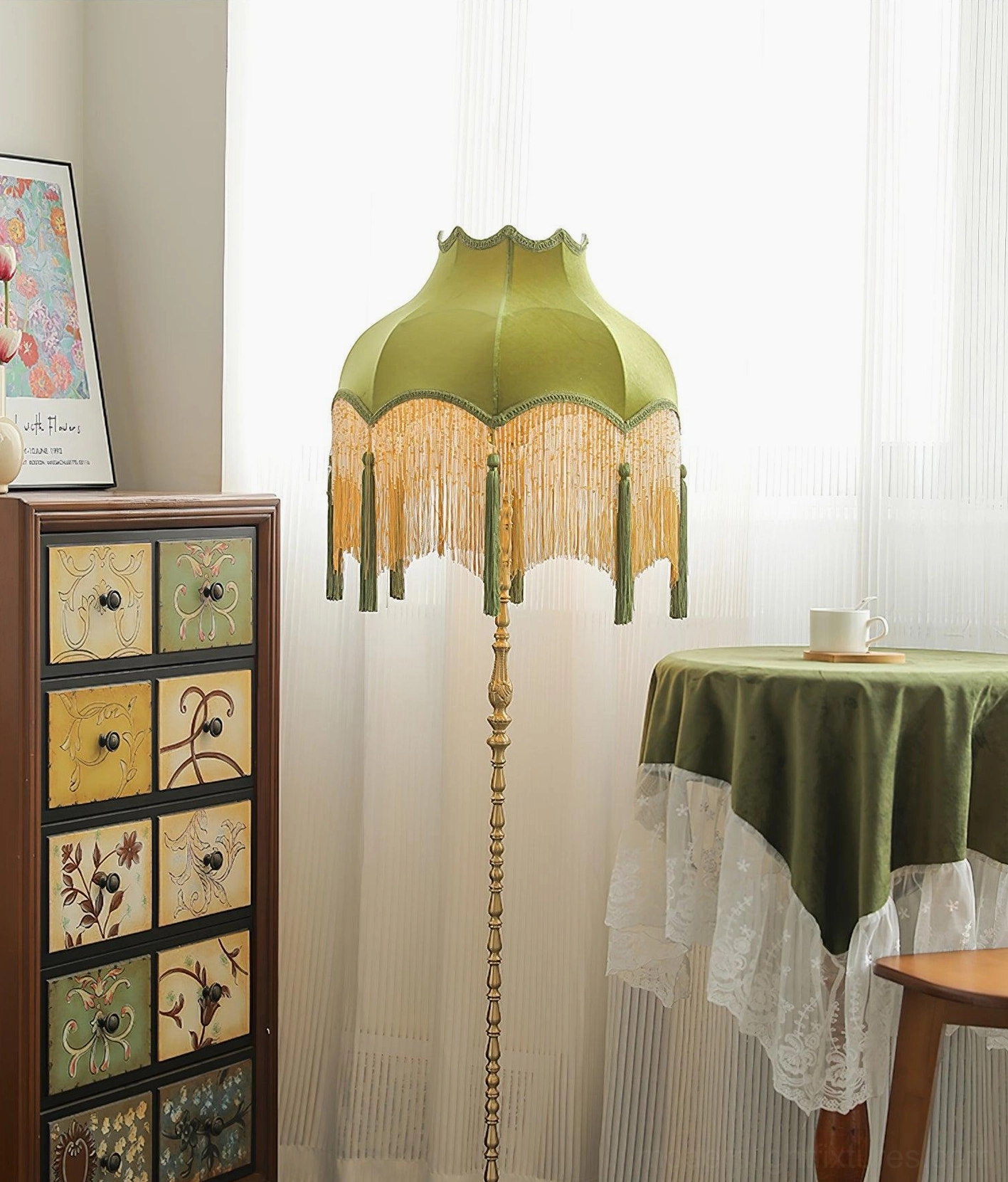 Fina Tassel Floor Lamp brass pedestal and flower-patterned velvet shade detail photography