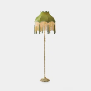 Fina Tassel Floor Lamp with moss green velvet shade and twisted brass pole - front studio view