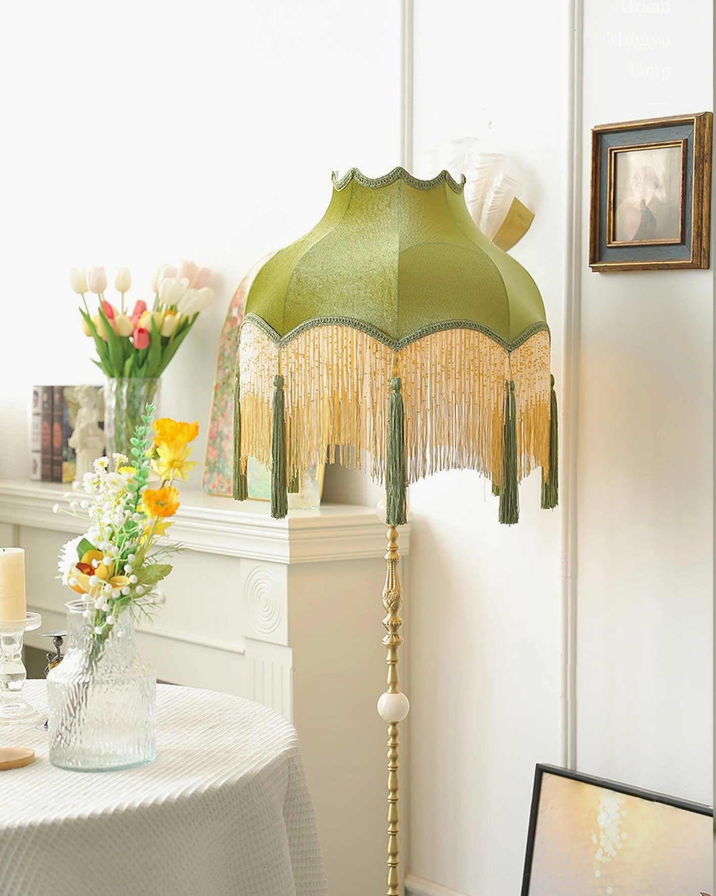 Fina Tassel Floor Lamp standing lamp with handmade brass construction and velvet shade