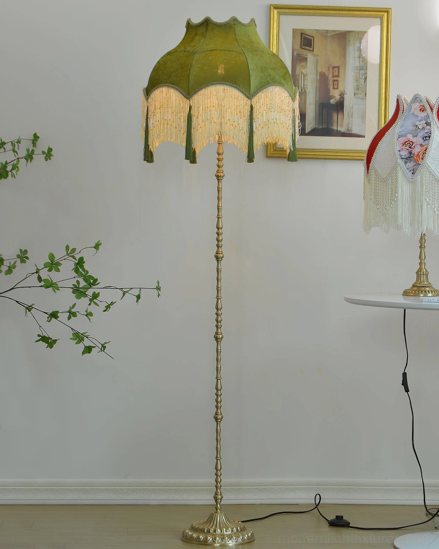 Fina Tassel Floor Lamp with twisted brass gold pole in minimalist interior corner