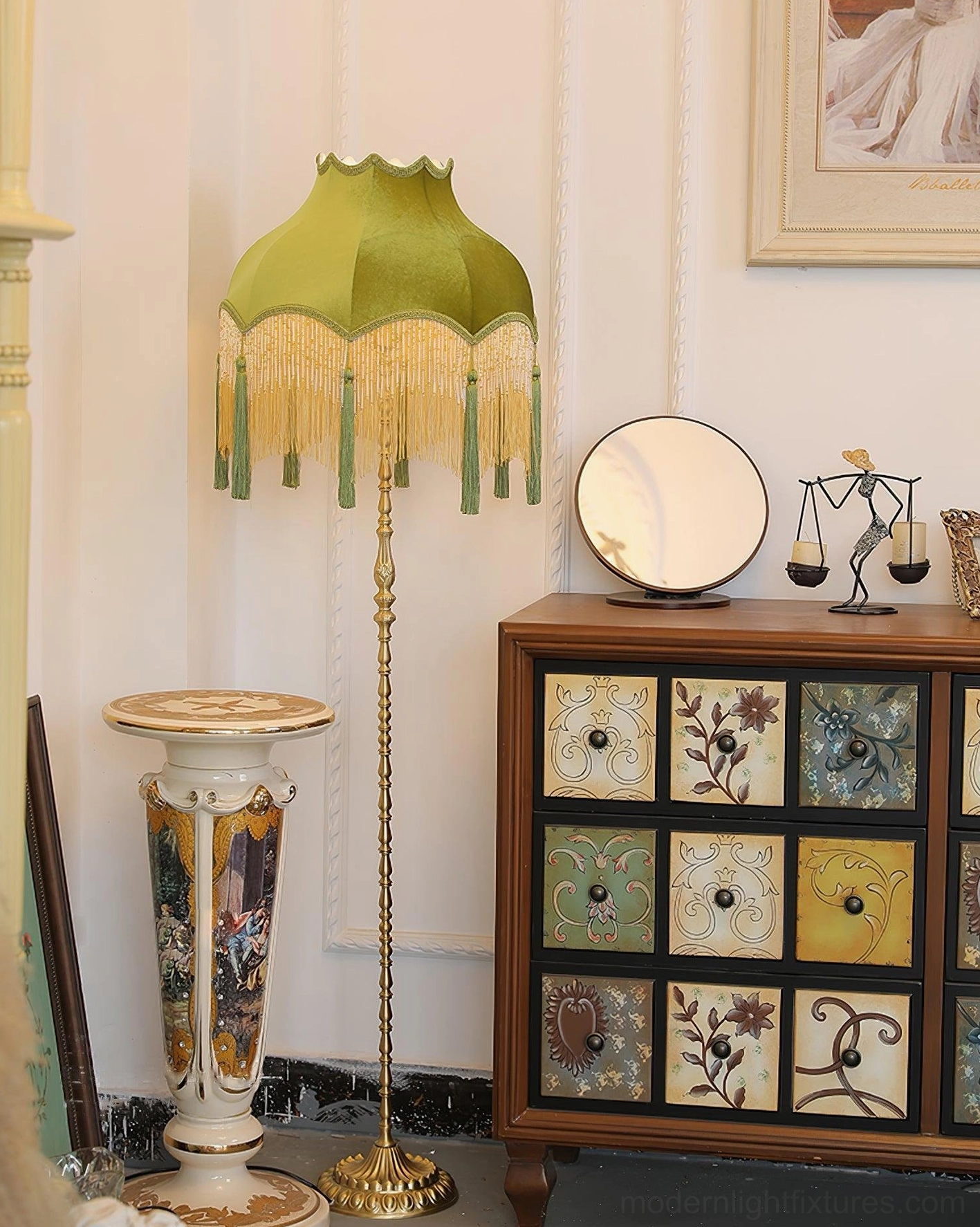 Fina Tassel Floor Lamp beside decorative painted cabinet with retro living room styling