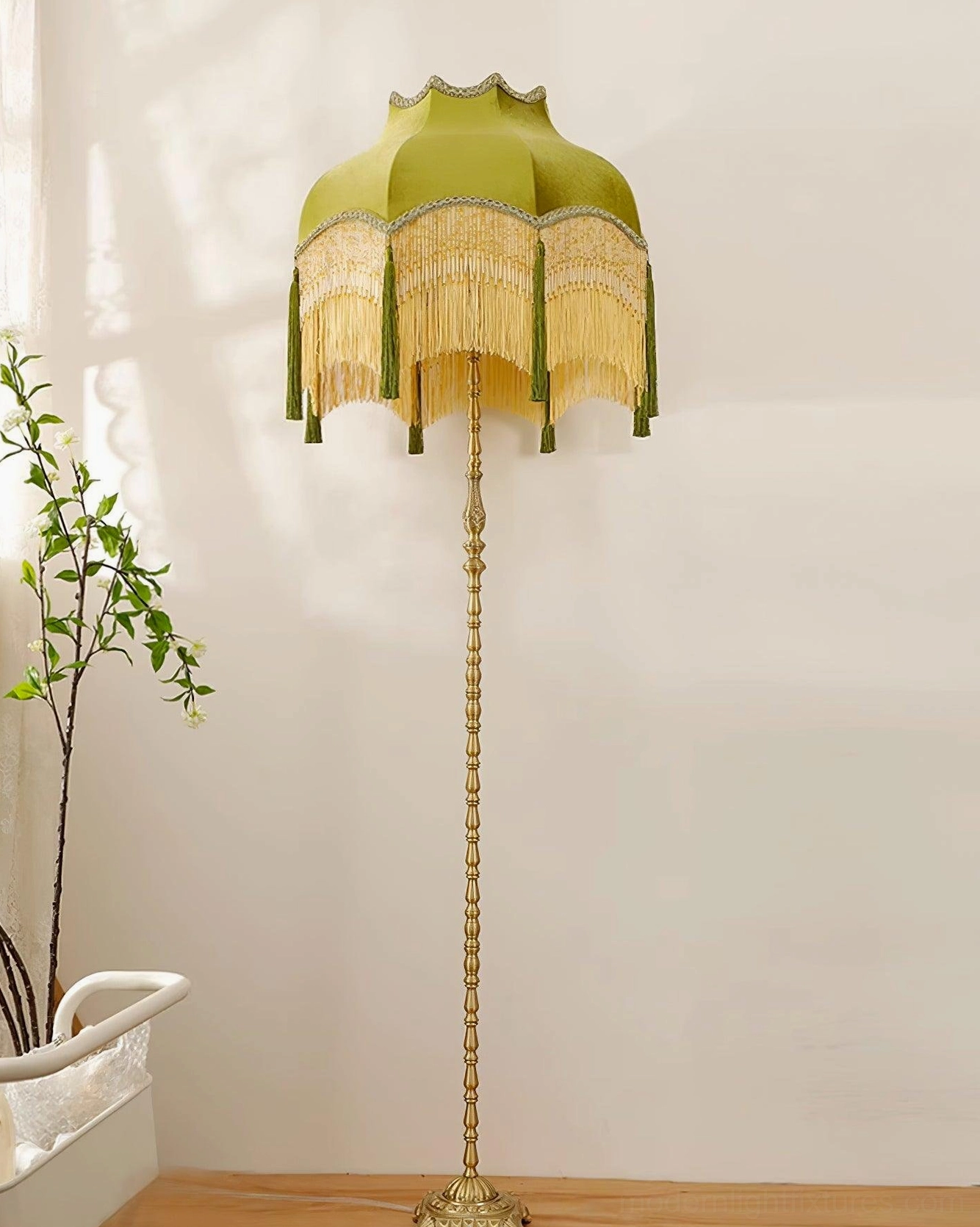 Fina Tassel Floor Lamp decorative tassel fringe detail on velvet lampshade
