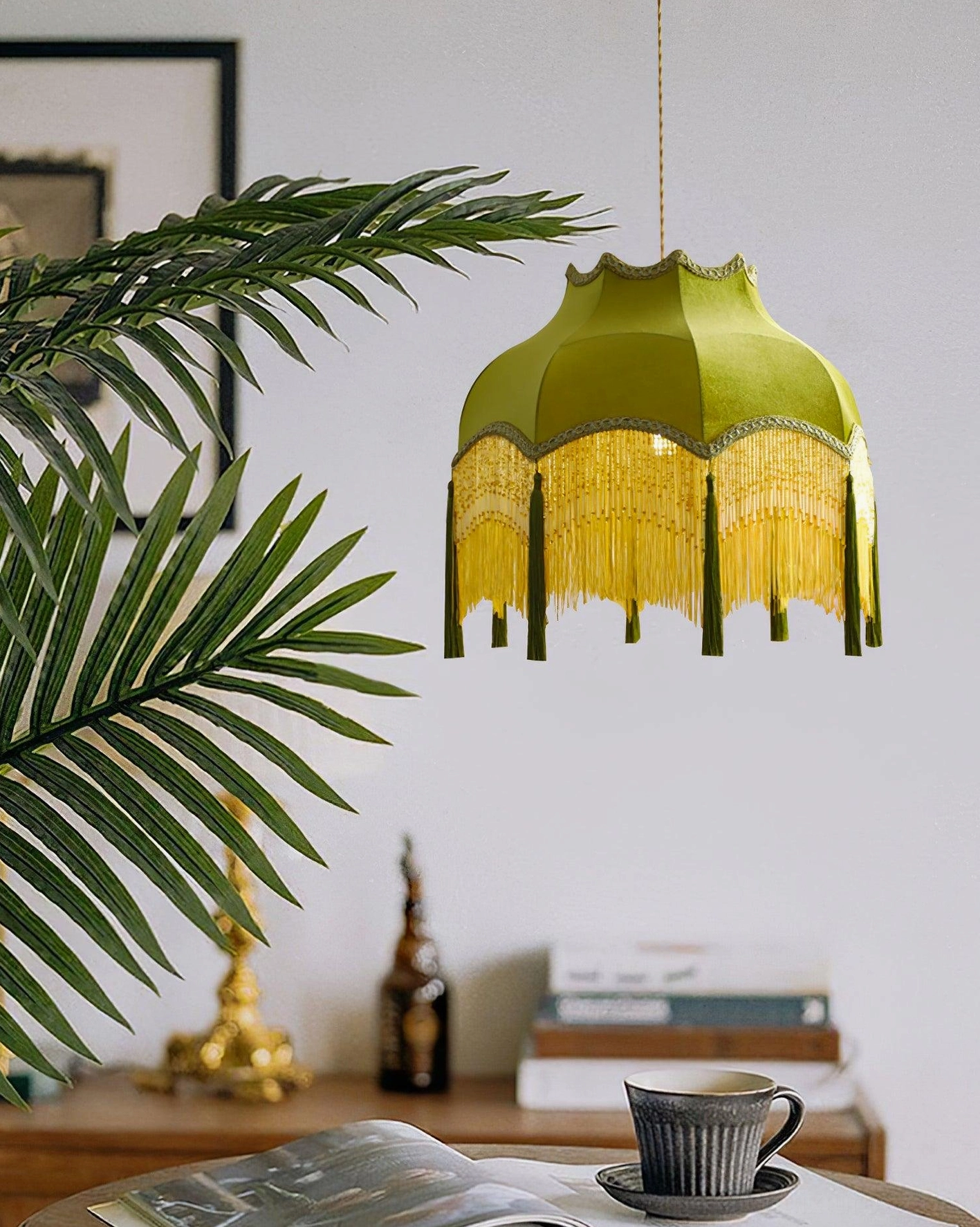 Fina tassel pendant light showing cord adjustability and hanging mechanism