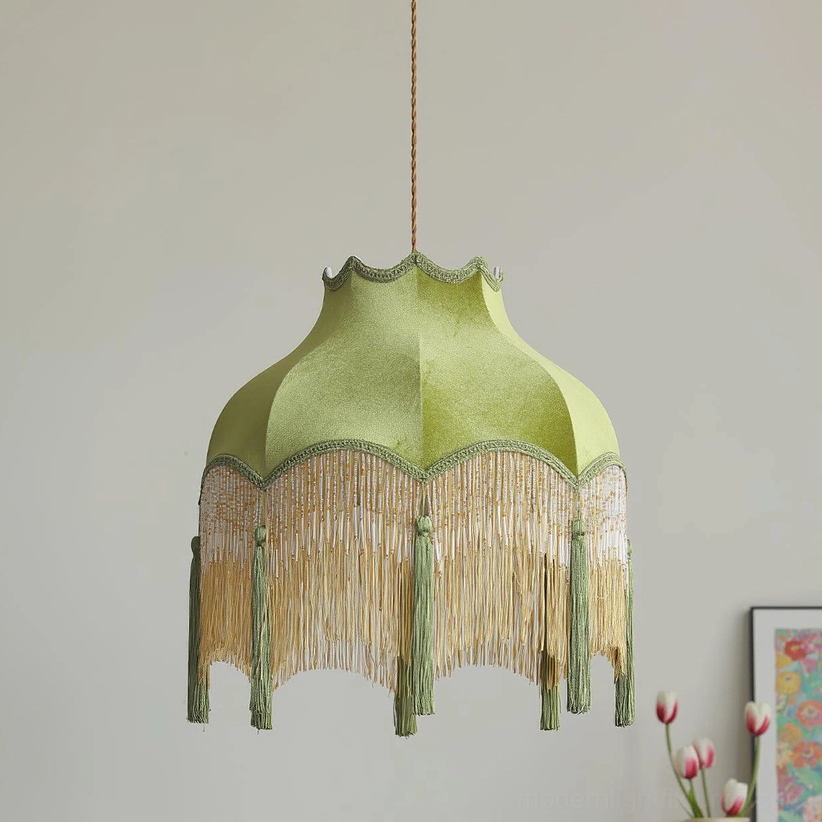 Fina tassel pendant light multiple angle view showing tassel and brass details