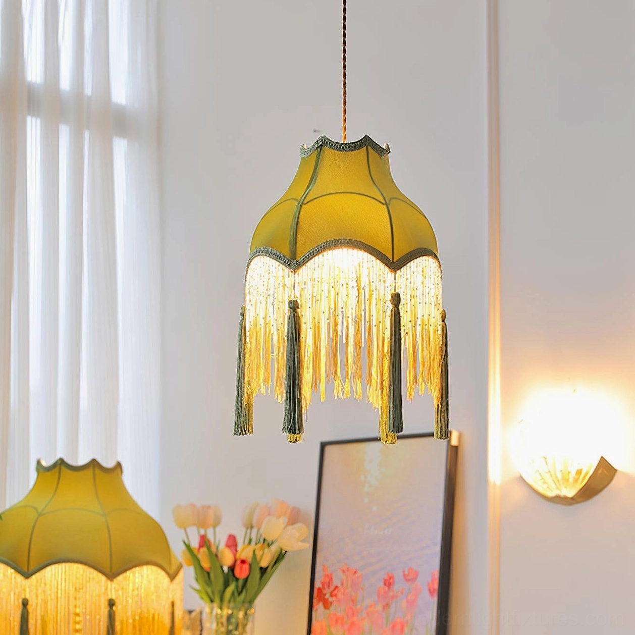 Fina tassel pendant light paired with transitional interior design elements