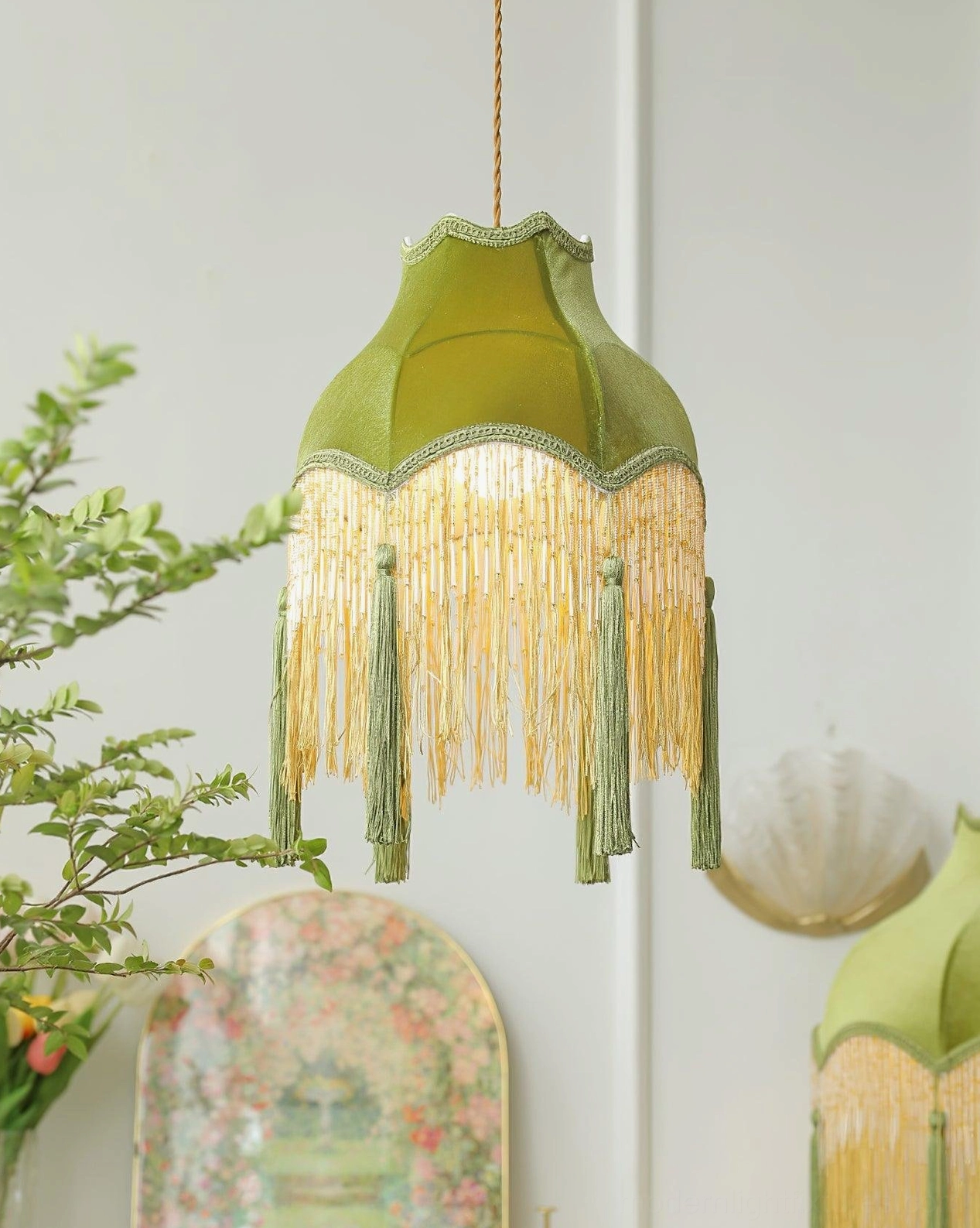 Fina vintage tassel pendant light in eclectic home interior setting