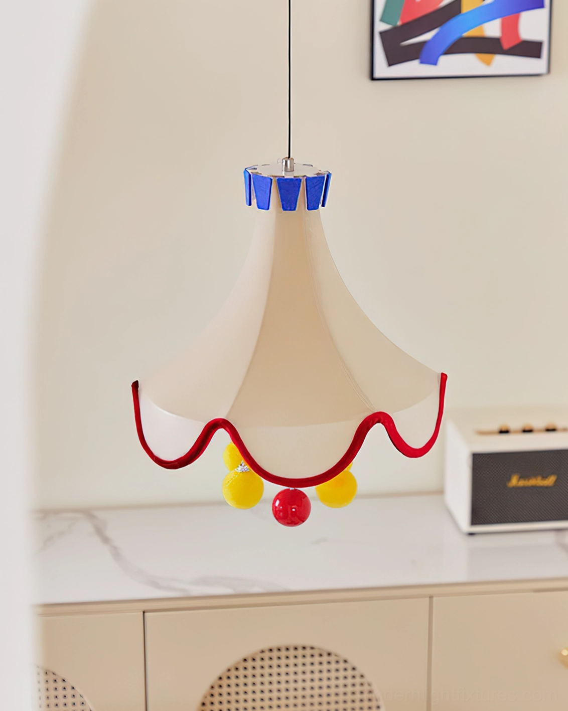 Finaflor whimsical pendant light classic tent shape installed in living room with side cabinet home decor paired with modern furnishings