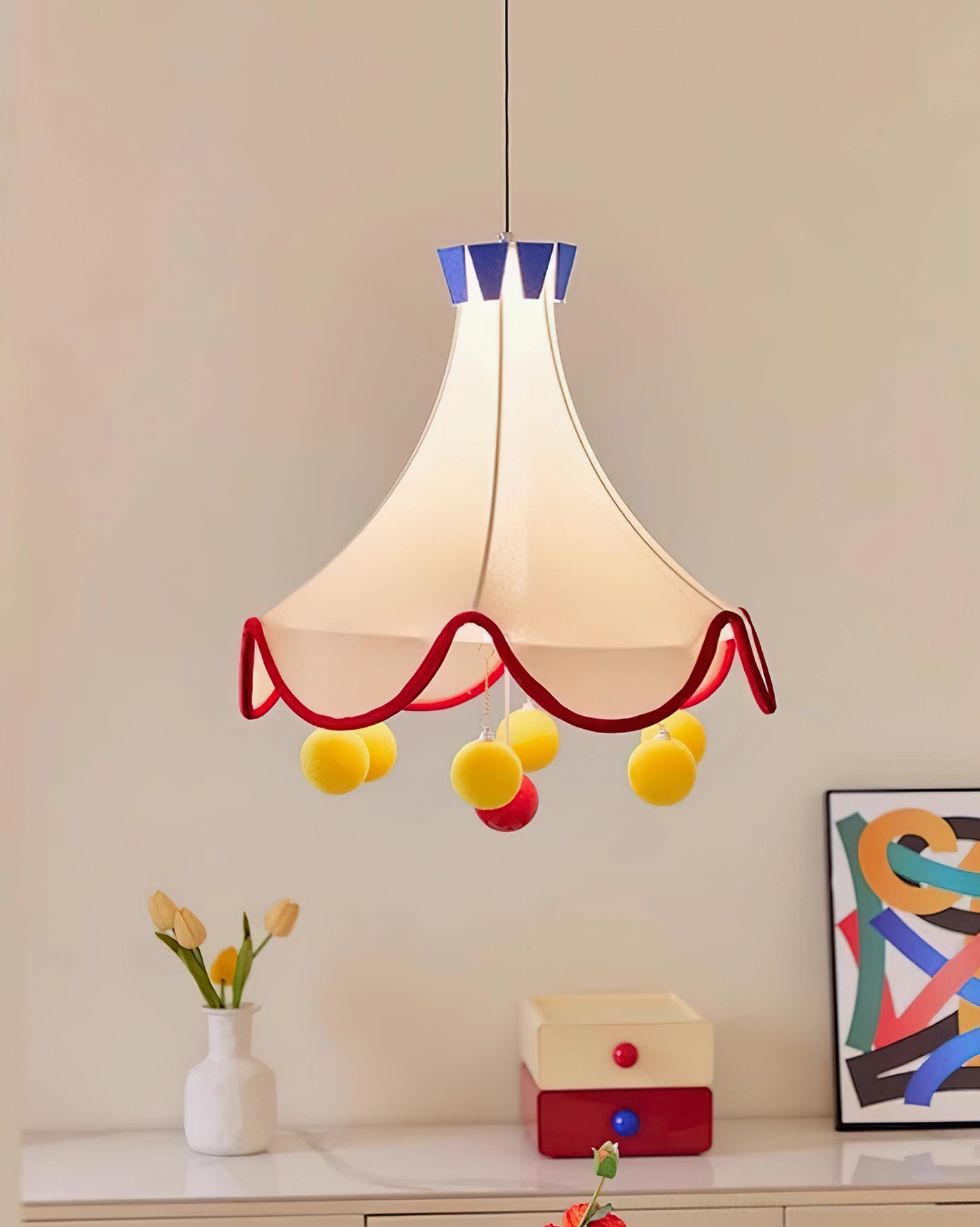 Finaflor playful circus tent pendant light installation details showing metal framework fabric construction and pom-pom ball suspension system