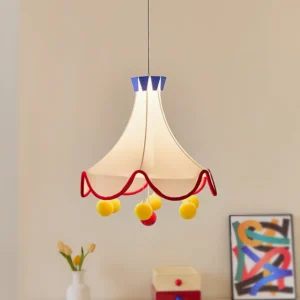 Finaflor whimsical pendant light installed in cozy residential interior paired with home decorative accessories and warm furnishings