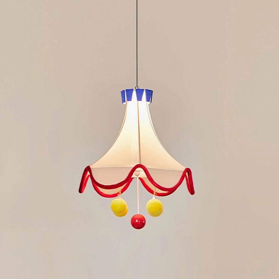 Finaflor circus tent pendant light front close-up studio photography with limited pom-pom ball decorations beige fabric shade plain background