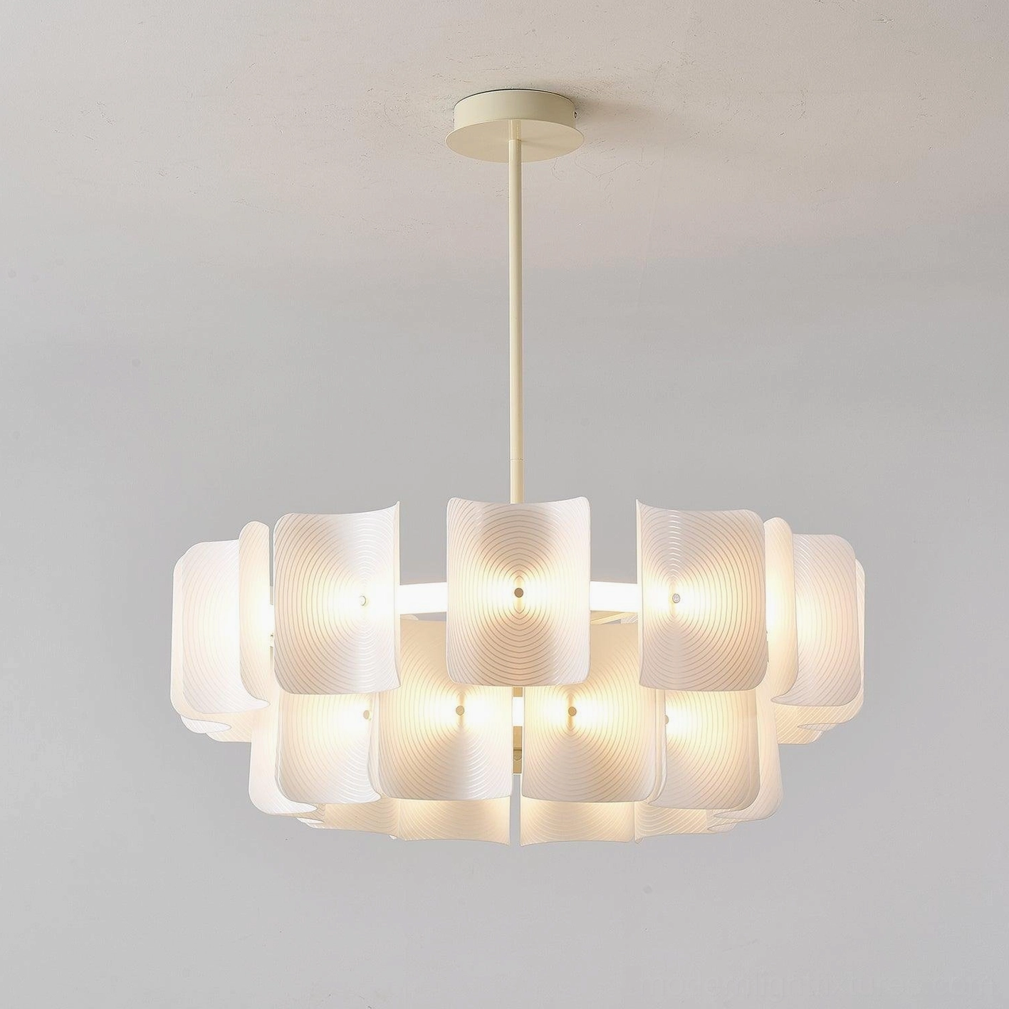 Fingerprint chandelier beige frosted acrylic shade diffused light quality