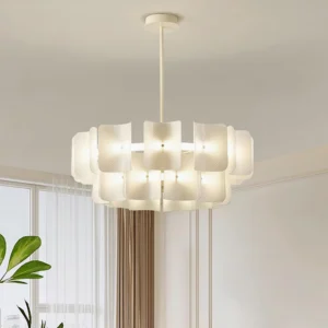 Contemporary fingerprint chandelier installed in creamy living room with floor-to-ceiling windows
