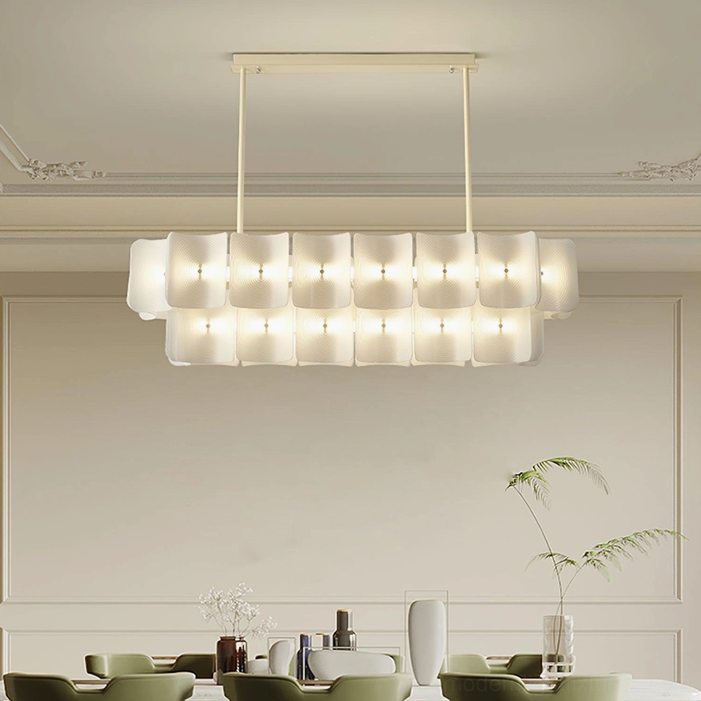 Minimalist creamy dining room with rectangular fingerprint chandelier luxury ambiance