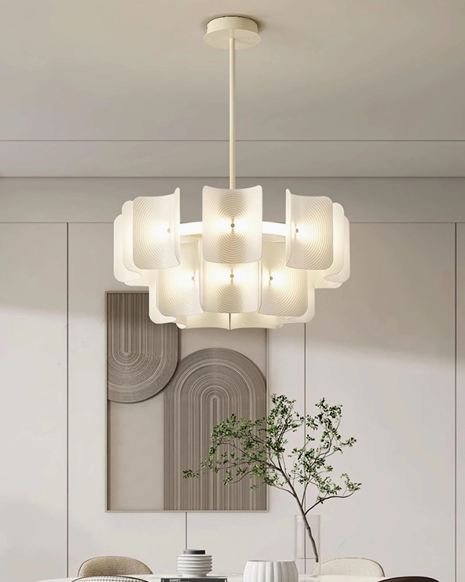 Sculptural fingerprint chandelier frosted acrylic shades modern dining room design