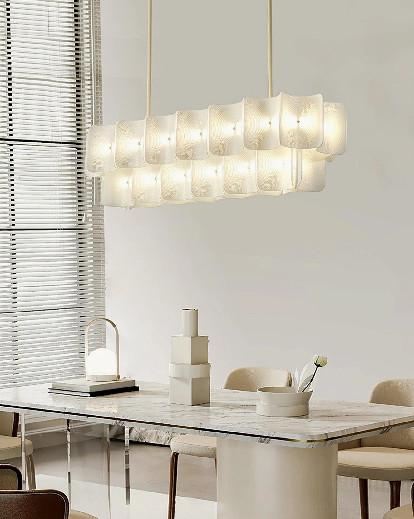 Long rectangular fingerprint chandelier installed modern dining room dual suspension rods