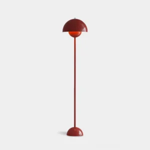 Fiona modern mushroom floor lamp with burgundy dome shade, front view on white background showcasing geometric design