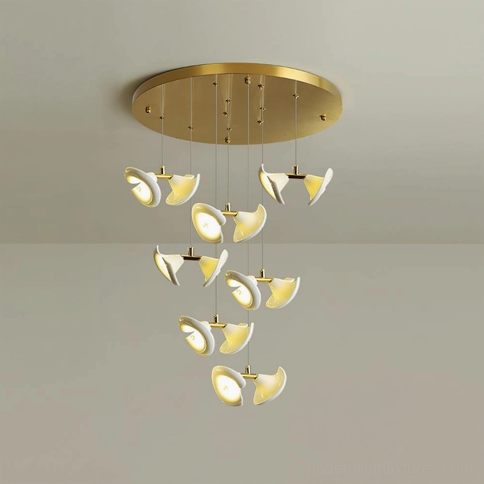 Fiora modern spiral cluster chandelier overhead ceiling view showing cascading petal design